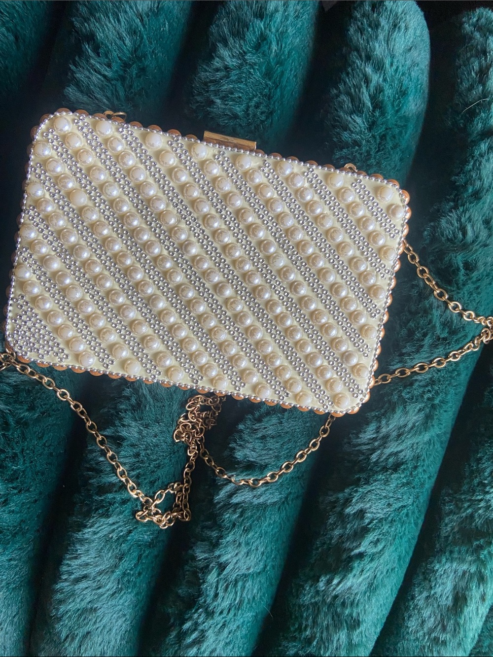 Lulu's Pearl-Embellished Ivory Clutch with Gold Chain